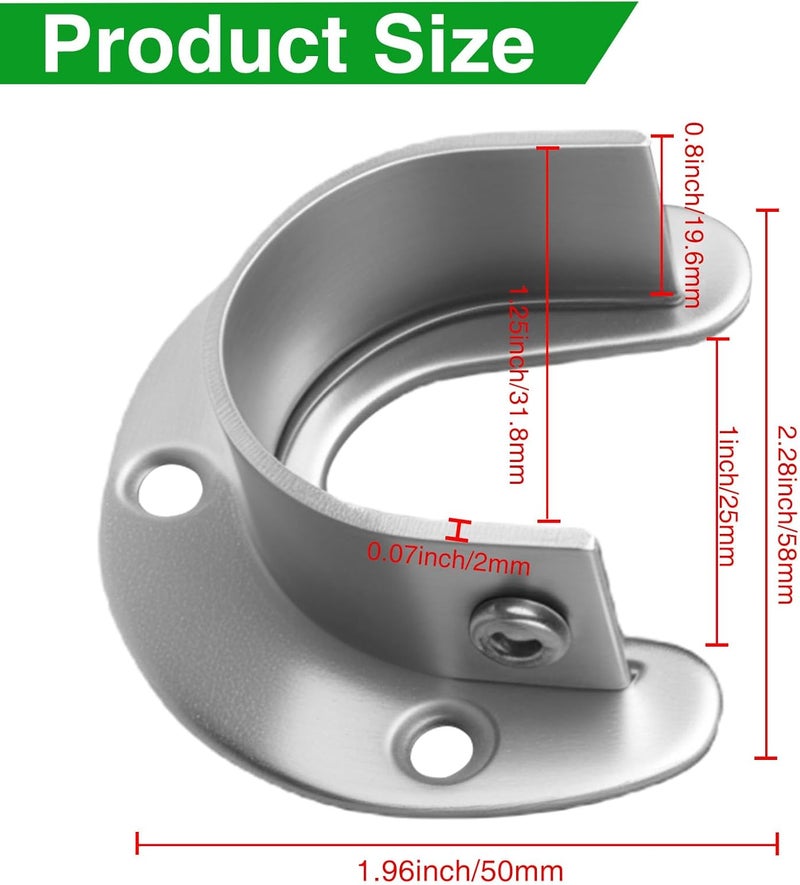 Haikole Heavy Duty Closet Rod Bracket - 2 Pack Stainless Steel U-Shaped Flange Sockets for 1-1/2" Rods, Rust-Proof Wall Mount Brackets with Screws & Anchors, Kitchen/Bathroom/Balcony Organizer(Silver) - Image 2
